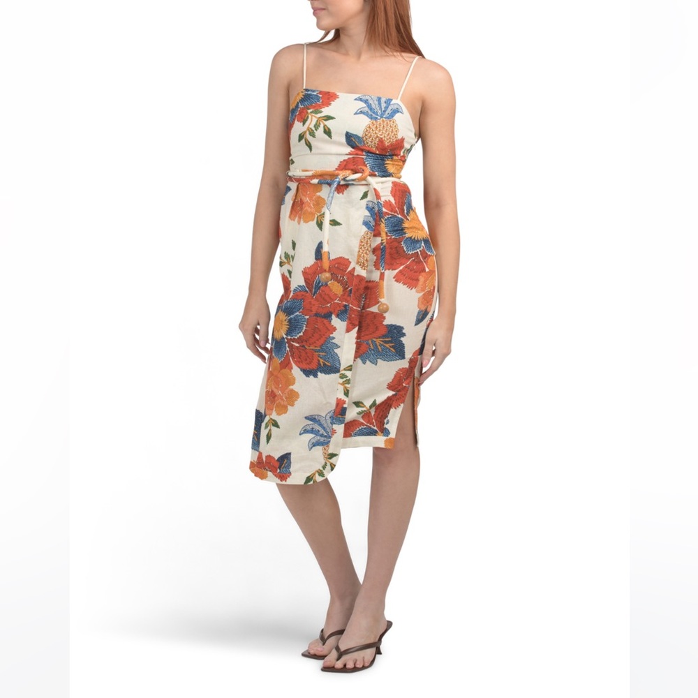 FARM Rio Linen Blend Pineapple Flowers Midi Dress